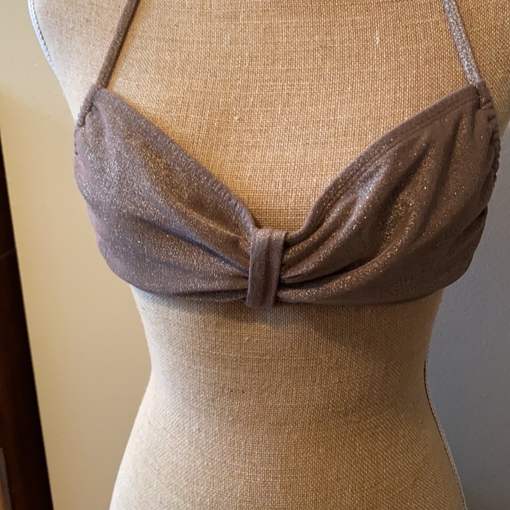$3 for 9 Taupe and gold sparkle shimmer metallic bathing suit top tie back jr M - Picture 2 of 4
